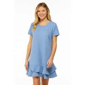 NEW Eliza J Shift Dress Size 12 Blue Textured Dot Ruffle Hem Stretch